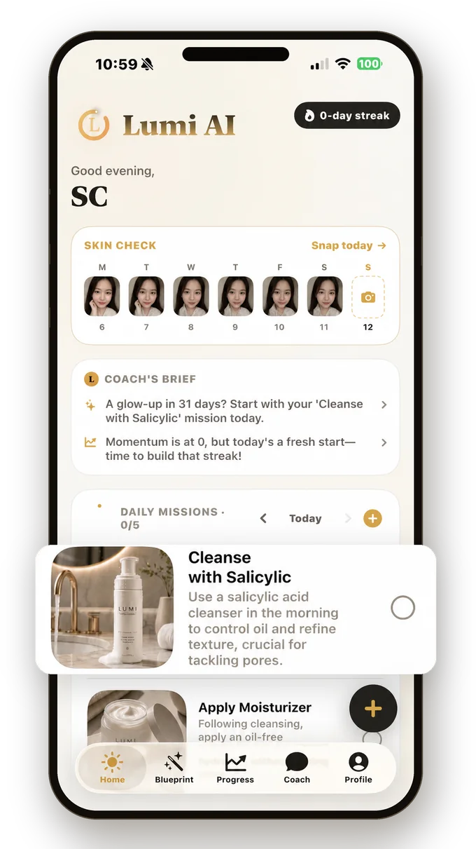 Lumi AI home screen — a routine that actually sticks: skin check calendar, coach's brief, daily missions